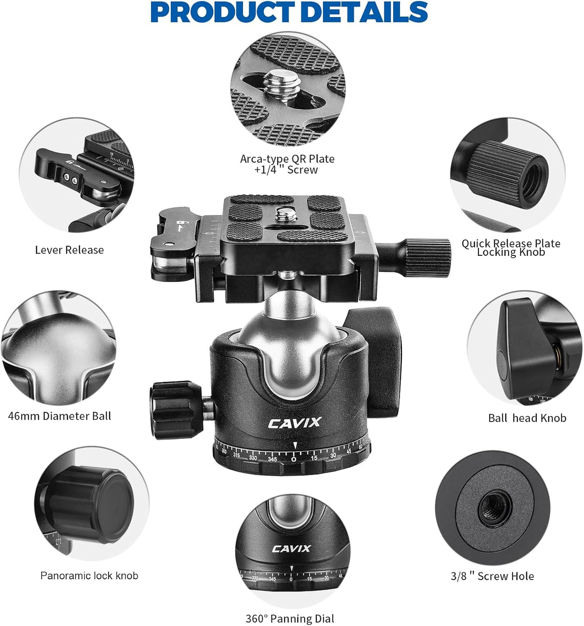 CAVIX H-36F 삼각대 헤드 36mm 볼헤드 Arca Swiss 33lb/15kg 4번 사진