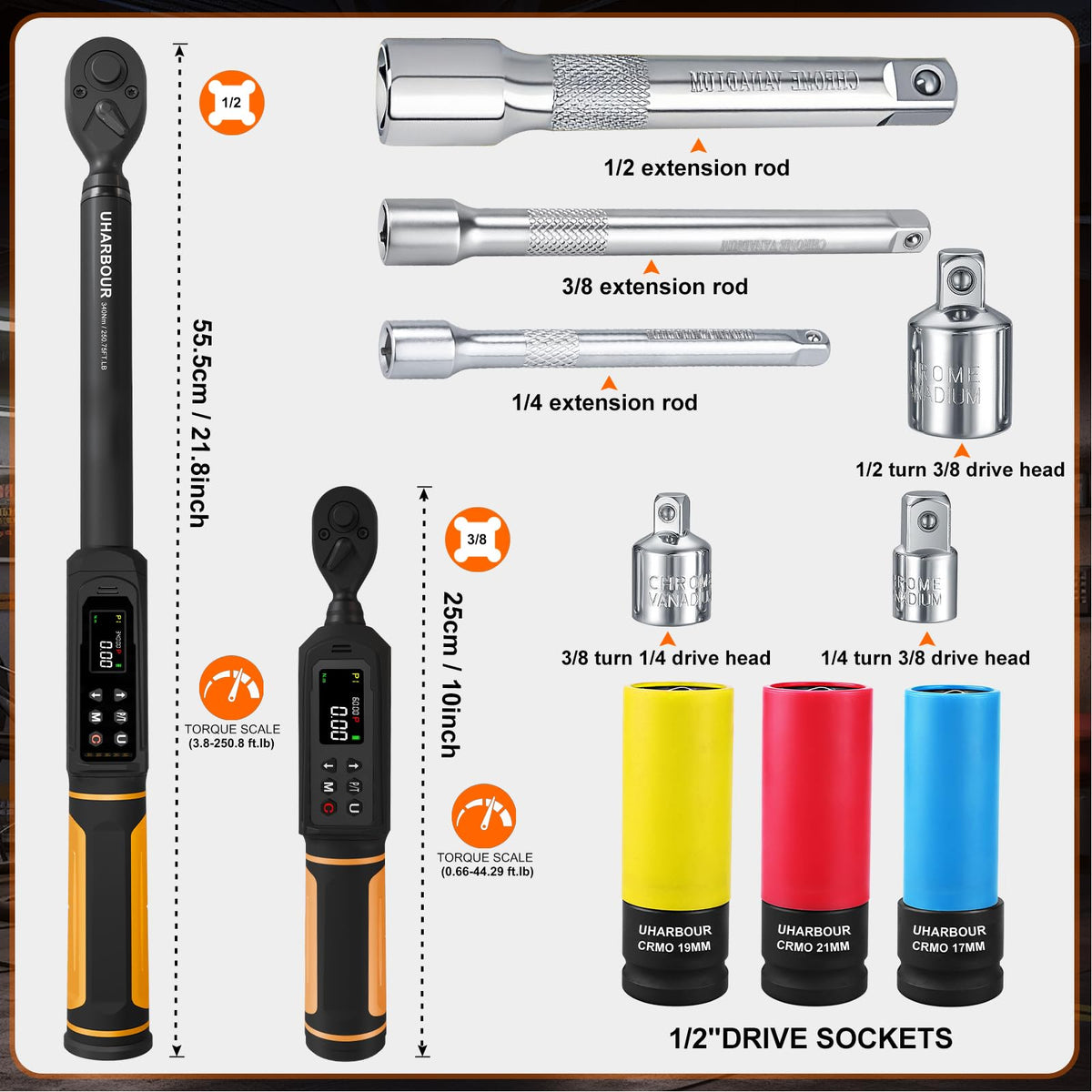 Uharbour 디지털 토크 렌치 세트 3/8 드라이브 1.5-99.5 ft-lbs./6.8-135Nm 2번 사진