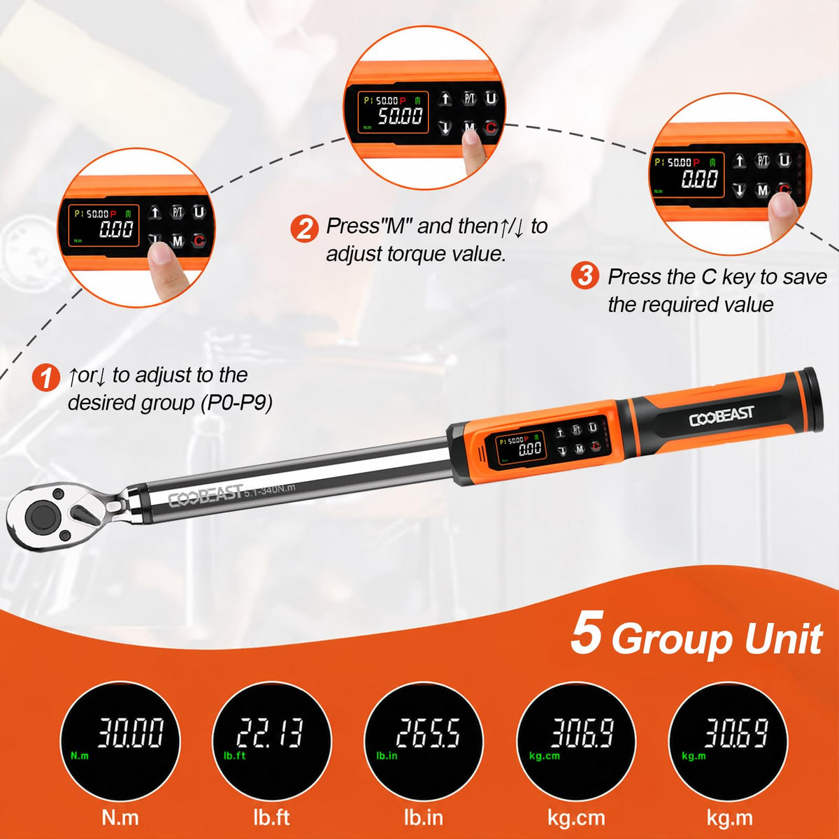 coobeast 디지털 토크 렌치 1.5-99.5 Ft-lbs 2-135Nm 크롬바나듐강 72톱니 라쳇 4번 사진