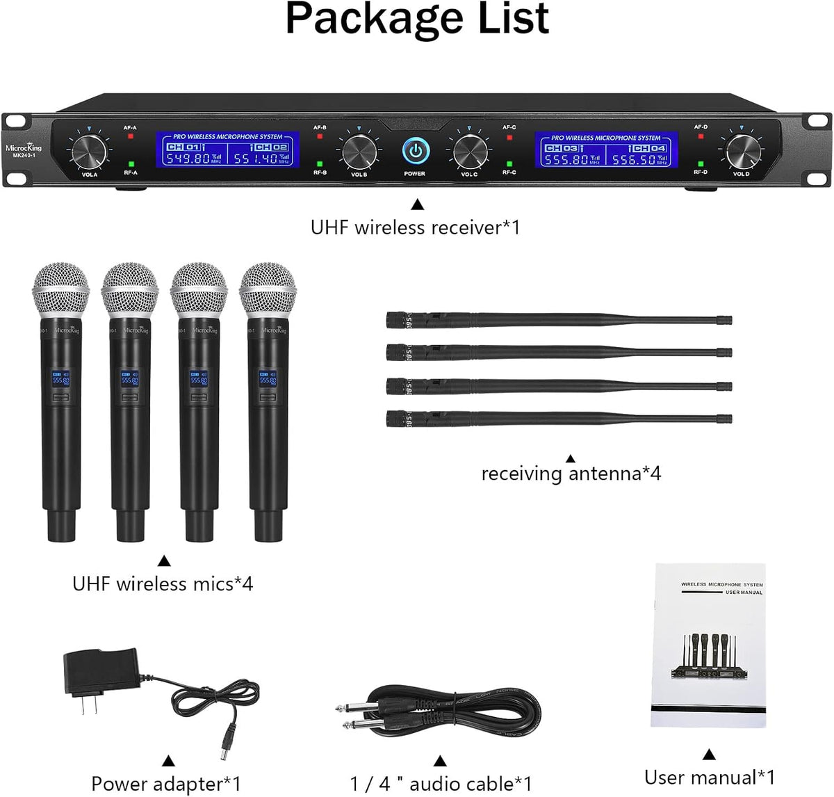 MicrocKing MK240-1 4채널 UHF 무선 마이크 시스템 4개 핸드헬드 마이크 세트 400ft 장거리 7번 사진