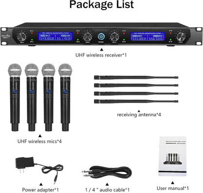 MicrocKing MK240-1 4채널 UHF 무선 마이크 시스템 4개 핸드헬드 마이크 세트 400ft 장거리 7번 사진