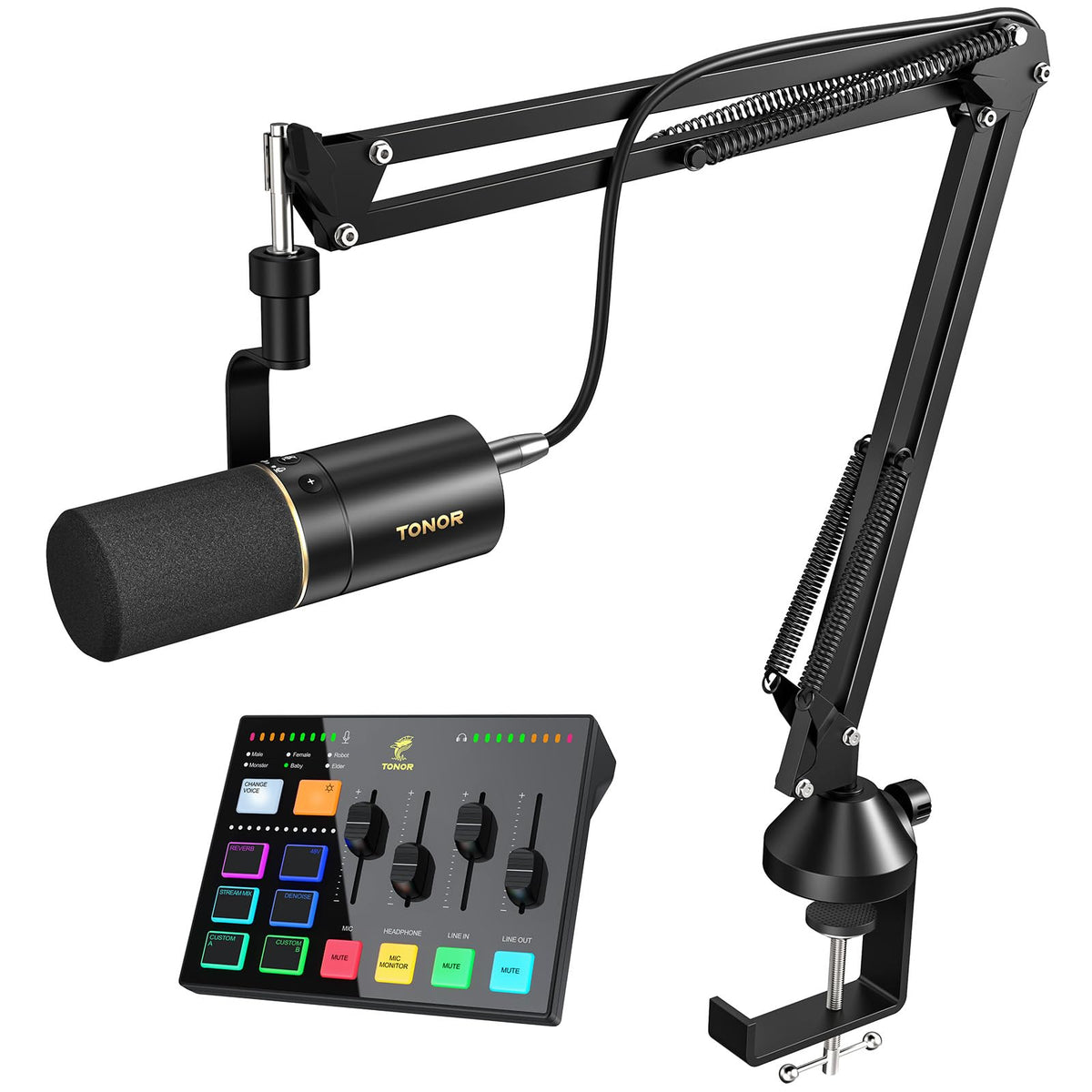 TONOR E7 다이내믹 팟캐스트 마이크 키트 XLR/USB 단일지향성 AI 소음 제거 탭 음소거 헤드폰 단자 1번 사진
