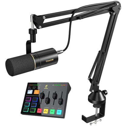 TONOR E7 다이내믹 팟캐스트 마이크 키트 XLR/USB 단일지향성 AI 소음 제거 탭 음소거 헤드폰 단자 1번 사진