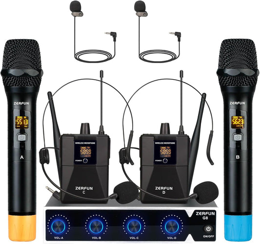 ZERFUN G8 4채널 무선 마이크 시스템 핸드헬드 2개 바디팩 2개 헤드셋 마이크 2개 라펠 마이크 포함 1번 사진