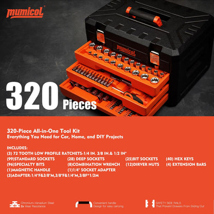 Mumicol 정비 공구 세트 소켓 세트 320pcs 1/4 3/8 1/2인치 72개 톱니 라쳇 72-Tooth 2번 사진