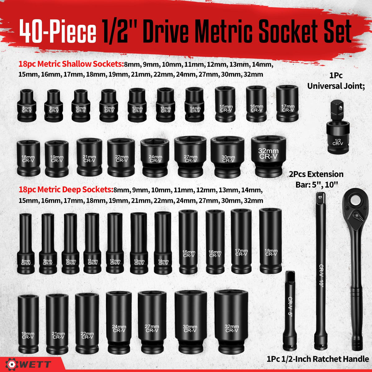 WETT 1/2인치 드라이브 메트릭 임팩트 소켓 세트 6포인트 8-32mm 라쳇 2번 사진