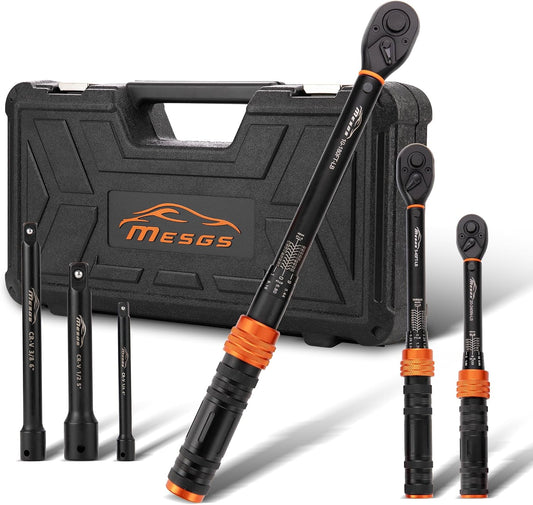 MESGS 6피스 토크 렌치 세트 1/4인치 3/8인치 1/2인치 드라이브 클릭 토크 렌치 (1/2인치 10-180ft.lb) ±3% 정확도 72톱니 양방향 이중 눈금