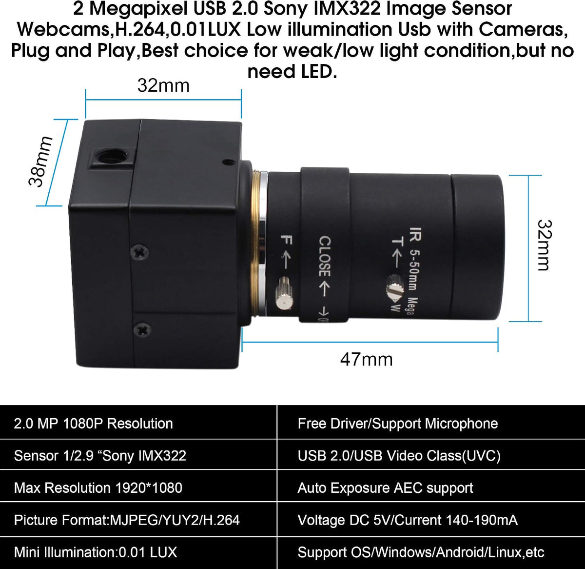 ELP 5-50mm 가변 초점 렌즈 1080P USB 카메라 IMX323 H.264 6번 사진