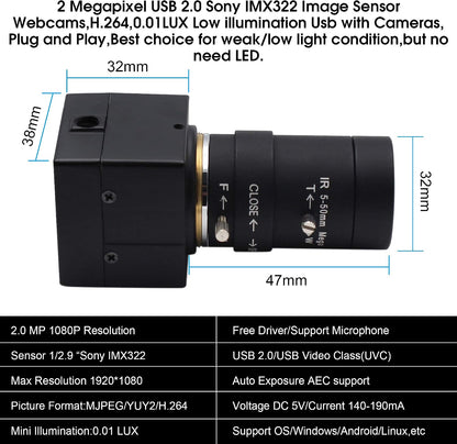 ELP 5-50mm 가변 초점 렌즈 1080P USB 카메라 IMX323 H.264 6번 사진