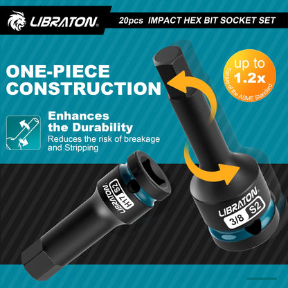 LIBRATON 임팩트 육각 비트 소켓 세트 1/2인치 드라이브 S2 강 미터·SAE 20피스 3번 사진