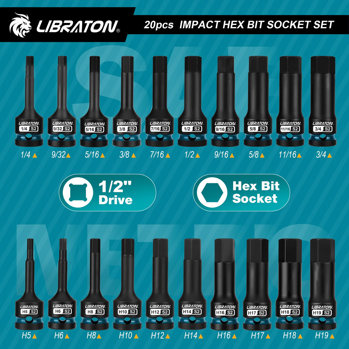 LIBRATON 임팩트 육각 비트 소켓 세트 1/2인치 드라이브 S2 강 미터·SAE 20피스 5번 사진
