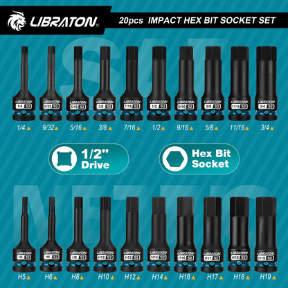 LIBRATON 임팩트 육각 비트 소켓 세트 1/2인치 드라이브 S2 강 미터·SAE 20피스 5번 사진