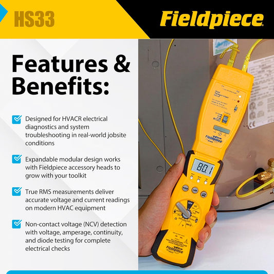Fieldpiece HS33 HVAC/R용 확장형 수동 레인지 멀티미터 400A 클램프 K-타입 열전대 2번 사진