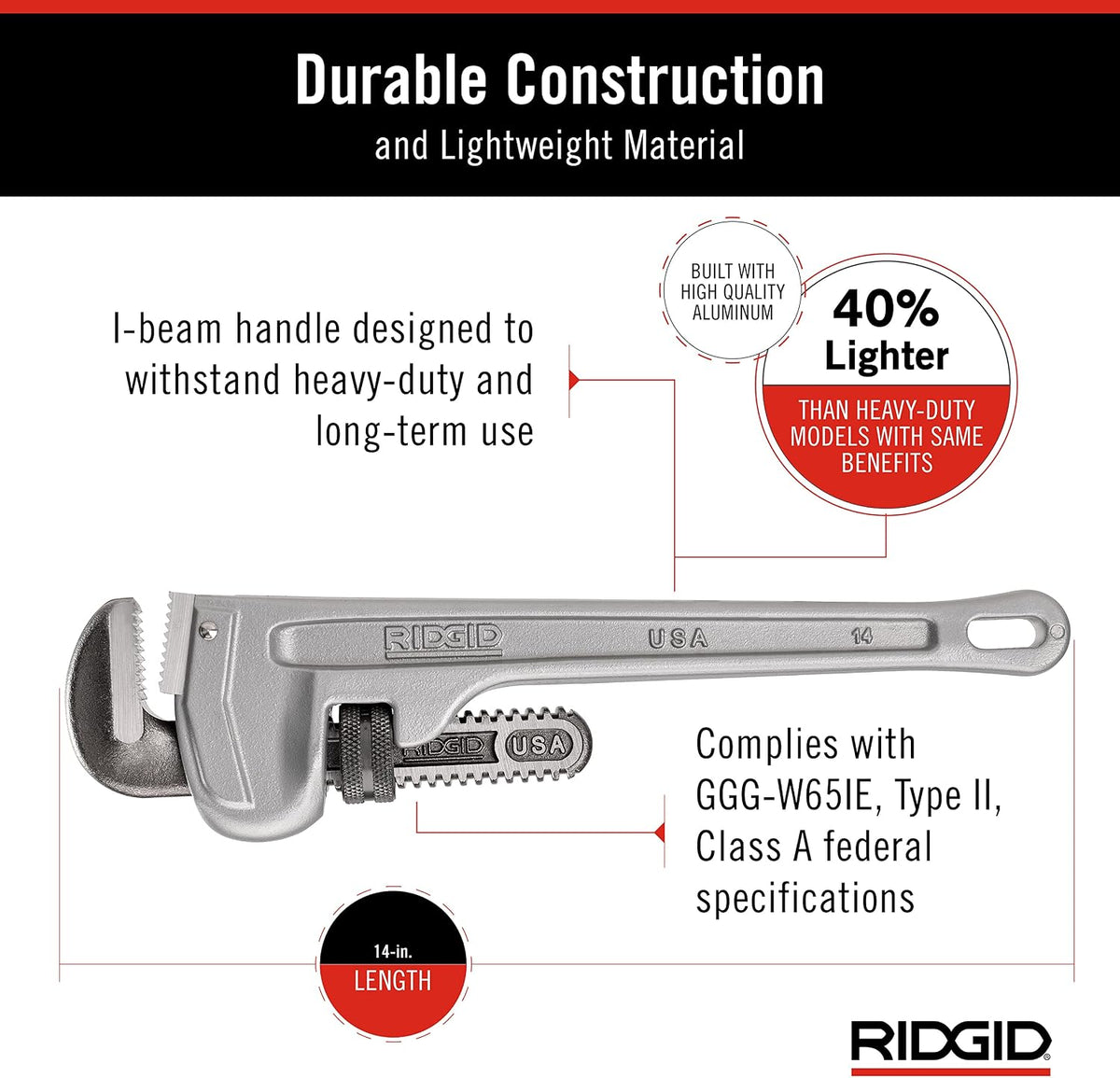 RIDGID 31095 Model 814 알루미늄 직선 배관 파이프 렌치 14인치 2인치 파이프용 4번 사진