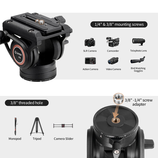 Cayer 카이어 K6 비디오 유체 헤드 75mm 베이스 17.6파운드 DSLR 카메라 삼각대용 2번 사진