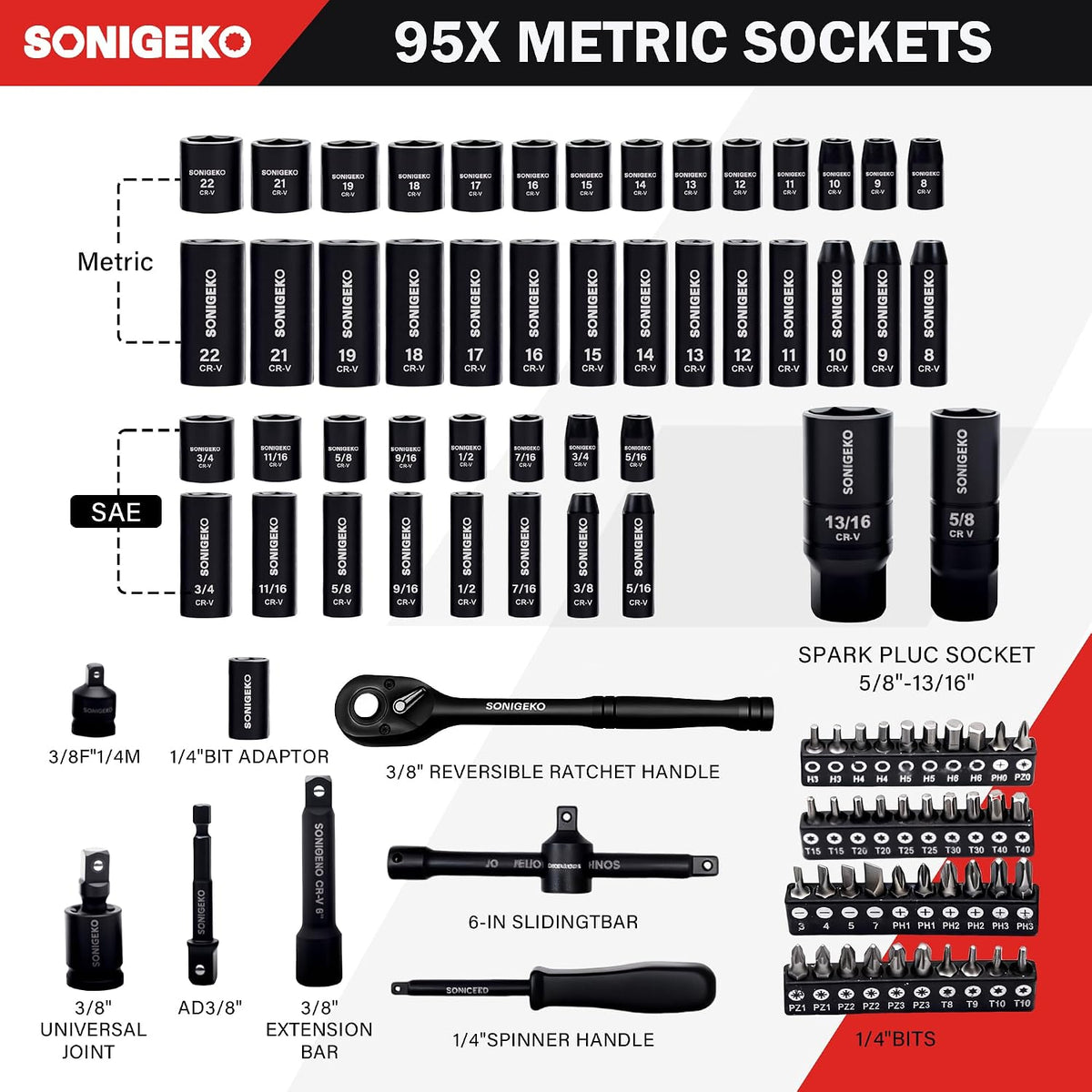 SONIGEKO 소켓 드라이버 95pcs 3/8인치 임팩트 소켓 세트 2번 사진